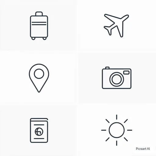 Luma UNI-1: Set of six minimal line icons for a travel app: suitcase, airplane, map pin, camera, passport, sun; consistent thin strokes, black on white, arranged in a grid