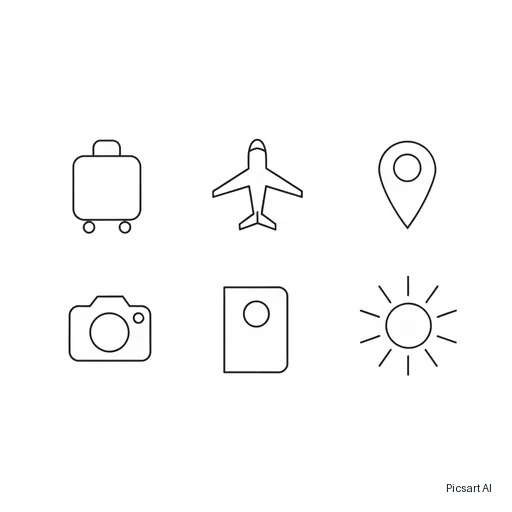 Recraft V4.1: Set of six minimal line icons for a travel app: suitcase, airplane, map pin, camera, passport, sun; consistent thin strokes, black on white, arranged in a grid