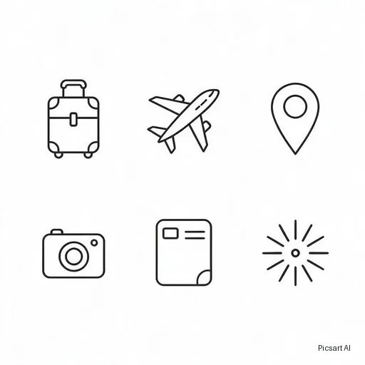 Seedream 5.0 Pro: Set of six minimal line icons for a travel app: suitcase, airplane, map pin, camera, passport, sun; consistent thin strokes, black on white, arranged in a grid