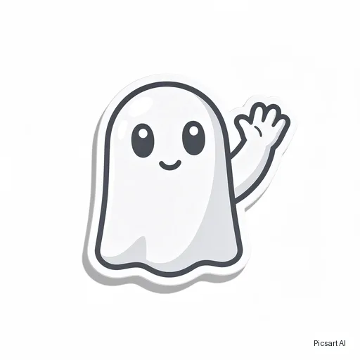 Flux 2 Pro: emoji style sticker of a cute ghost waving, glossy, thick outline, plain white background