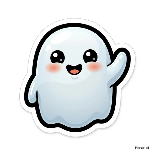 Nano Banana Pro: emoji style sticker of a cute ghost waving, glossy, thick outline, plain white background