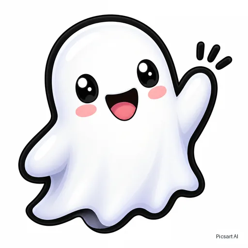 GPT Image 2.5 Sunburst: emoji style sticker of a cute ghost waving, glossy, thick outline, plain white background