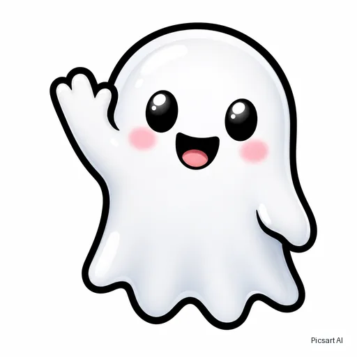 GPT Image 2: emoji style sticker of a cute ghost waving, glossy, thick outline, plain white background
