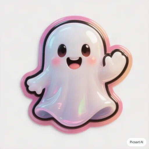 Hunyuan V3: emoji style sticker of a cute ghost waving, glossy, thick outline, plain white background