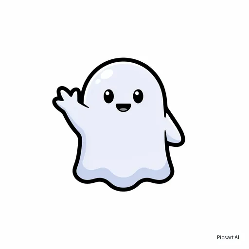 Ideogram 4.5: emoji style sticker of a cute ghost waving, glossy, thick outline, plain white background