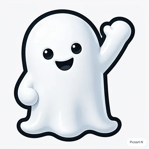 Luma UNI-1: emoji style sticker of a cute ghost waving, glossy, thick outline, plain white background