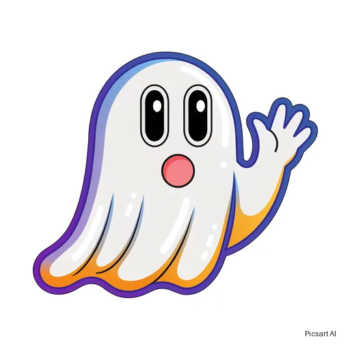 Recraft V4.1: emoji style sticker of a cute ghost waving, glossy, thick outline, plain white background