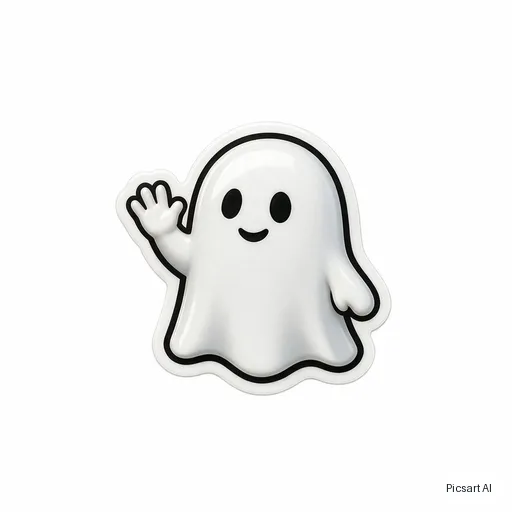 Seedream 5.0 Pro: emoji style sticker of a cute ghost waving, glossy, thick outline, plain white background