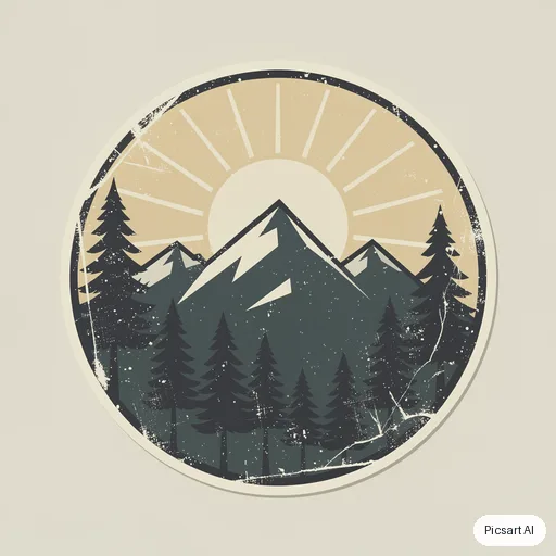 Flux 2 Pro: Vintage-style round badge sticker of a mountain with pine trees and a sunrise, distressed texture, three colours, no text