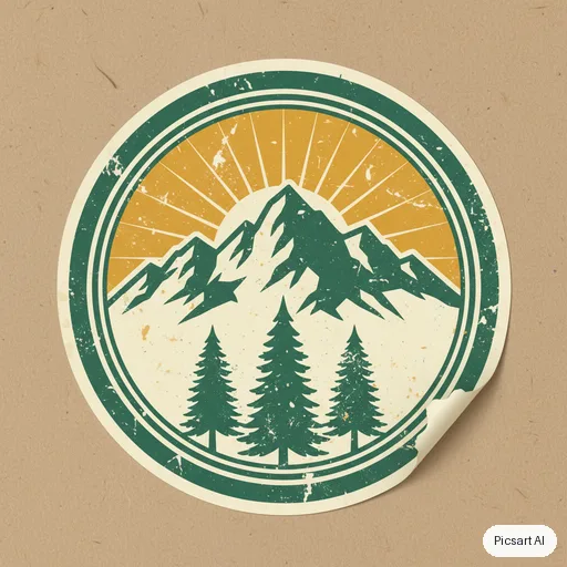 Nano Banana: Vintage-style round badge sticker of a mountain with pine trees and a sunrise, distressed texture, three colours, no text