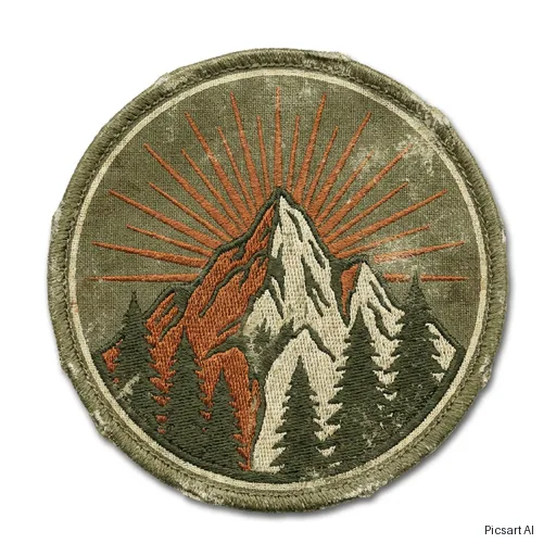 Nano Banana Pro: Vintage-style round badge sticker of a mountain with pine trees and a sunrise, distressed texture, three colours, no text