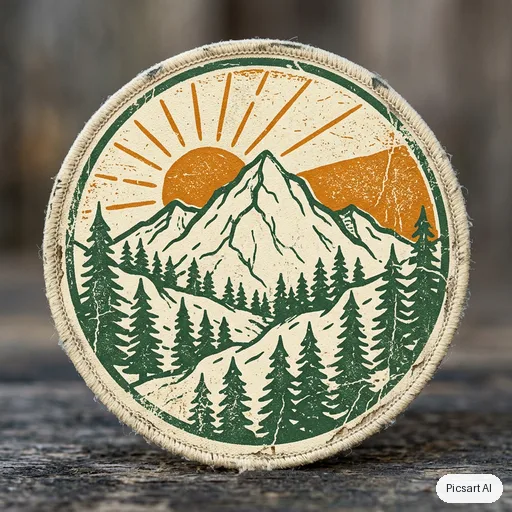 Nano Banana 2: Vintage-style round badge sticker of a mountain with pine trees and a sunrise, distressed texture, three colours, no text