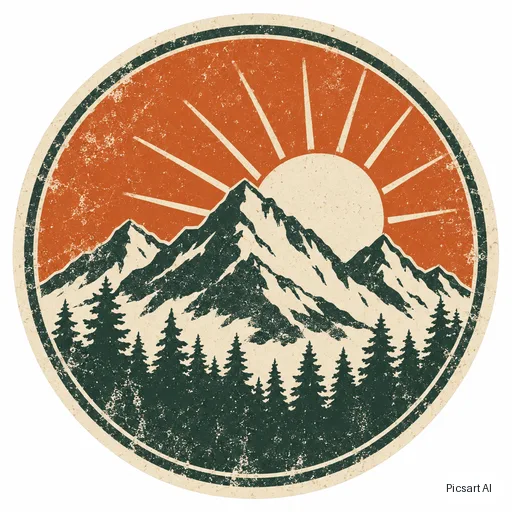 GPT Image 2.5 Sunburst: Vintage-style round badge sticker of a mountain with pine trees and a sunrise, distressed texture, three colours, no text