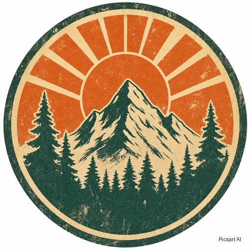 GPT Image 2 output for: Vintage-style round badge sticker of a mountain with pine trees and a sunrise, distressed texture, three colours, no text