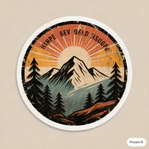 Hunyuan V3: Vintage-style round badge sticker of a mountain with pine trees and a sunrise, distressed texture, three colours, no text