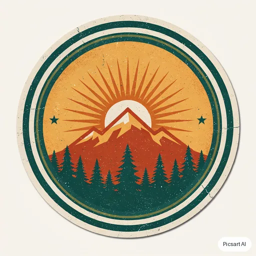 Ideogram 4.5: Vintage-style round badge sticker of a mountain with pine trees and a sunrise, distressed texture, three colours, no text