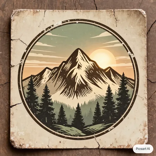 Kling 3.0 Image: Vintage-style round badge sticker of a mountain with pine trees and a sunrise, distressed texture, three colours, no text