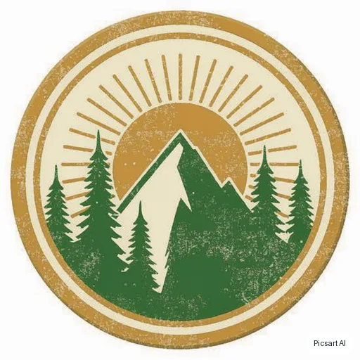 Luma UNI-1: Vintage-style round badge sticker of a mountain with pine trees and a sunrise, distressed texture, three colours, no text