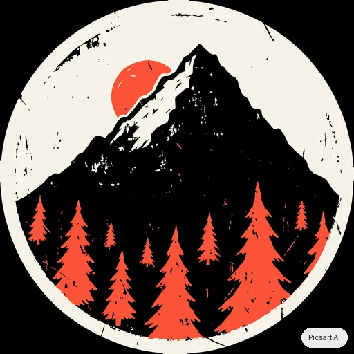 Recraft V4.1: Vintage-style round badge sticker of a mountain with pine trees and a sunrise, distressed texture, three colours, no text