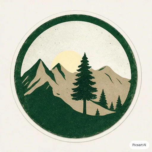 Seedream 5.0 Pro: Vintage-style round badge sticker of a mountain with pine trees and a sunrise, distressed texture, three colours, no text