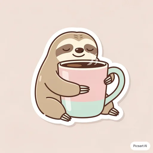 Flux 2 Pro: cute sticker pack vibe, a sleepy sloth hugging a coffee mug, pastel, bold outline