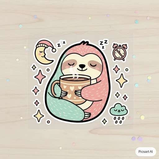 Nano Banana: cute sticker pack vibe, a sleepy sloth hugging a coffee mug, pastel, bold outline