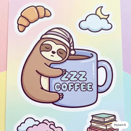 Nano Banana Pro: cute sticker pack vibe, a sleepy sloth hugging a coffee mug, pastel, bold outline