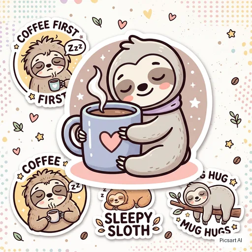 Nano Banana 2: cute sticker pack vibe, a sleepy sloth hugging a coffee mug, pastel, bold outline