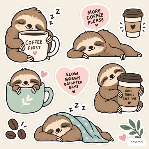 GPT Image 2.5 Sunburst: cute sticker pack vibe, a sleepy sloth hugging a coffee mug, pastel, bold outline