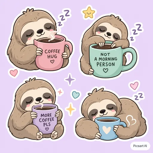 GPT Image 2: cute sticker pack vibe, a sleepy sloth hugging a coffee mug, pastel, bold outline