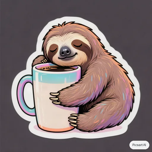 Hunyuan V3: cute sticker pack vibe, a sleepy sloth hugging a coffee mug, pastel, bold outline