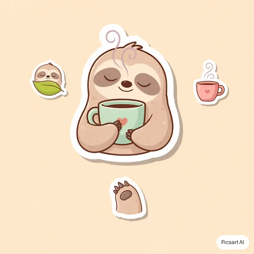 Ideogram 4.5: cute sticker pack vibe, a sleepy sloth hugging a coffee mug, pastel, bold outline