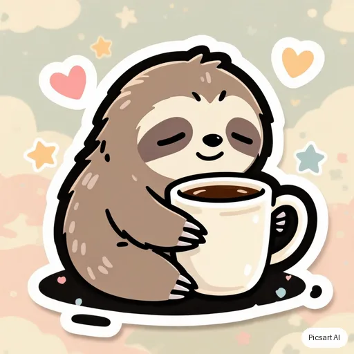 Kling 3.0 Image: cute sticker pack vibe, a sleepy sloth hugging a coffee mug, pastel, bold outline
