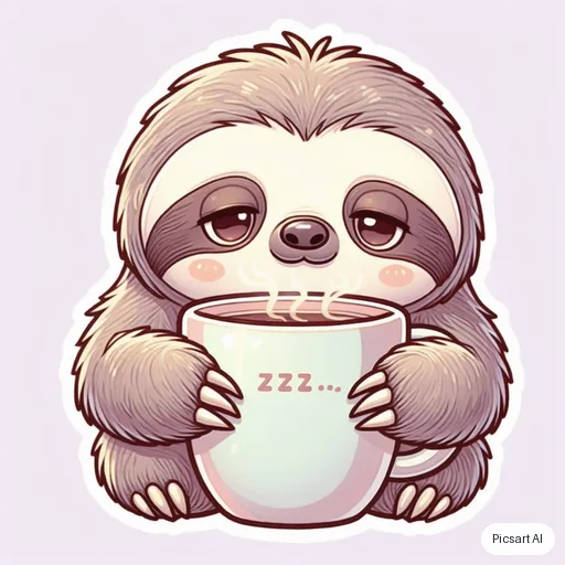 Luma UNI-1: cute sticker pack vibe, a sleepy sloth hugging a coffee mug, pastel, bold outline