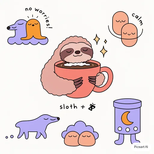 Recraft V4.1: cute sticker pack vibe, a sleepy sloth hugging a coffee mug, pastel, bold outline