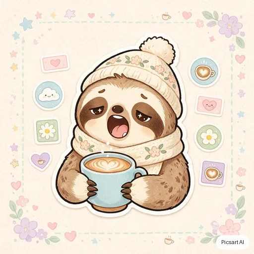 Seedream 5.0 Pro: cute sticker pack vibe, a sleepy sloth hugging a coffee mug, pastel, bold outline