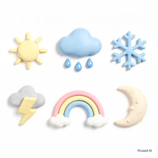 Flux 2 Pro: Weather icon set in a soft 3D clay style: sun, rain cloud, snowflake, lightning, rainbow, moon; pastel colours, white background, arranged in two rows