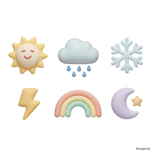 Nano Banana: Weather icon set in a soft 3D clay style: sun, rain cloud, snowflake, lightning, rainbow, moon; pastel colours, white background, arranged in two rows