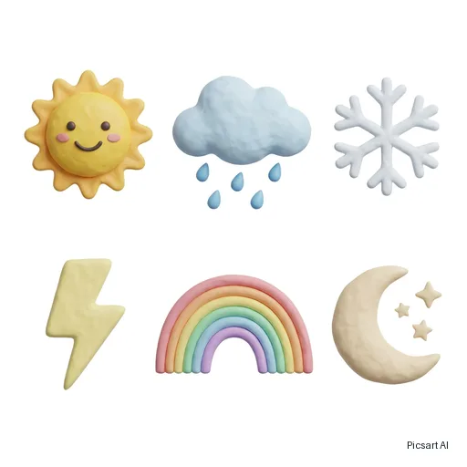 Nano Banana Pro: Weather icon set in a soft 3D clay style: sun, rain cloud, snowflake, lightning, rainbow, moon; pastel colours, white background, arranged in two rows