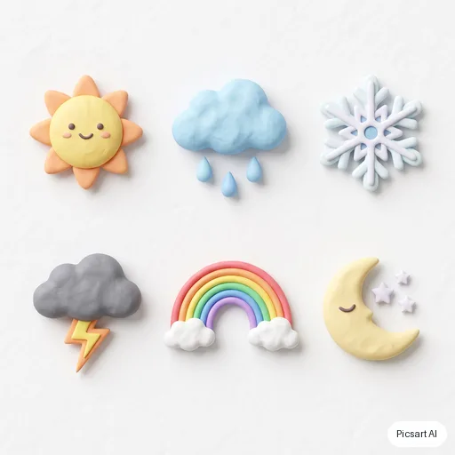 Nano Banana 2: Weather icon set in a soft 3D clay style: sun, rain cloud, snowflake, lightning, rainbow, moon; pastel colours, white background, arranged in two rows