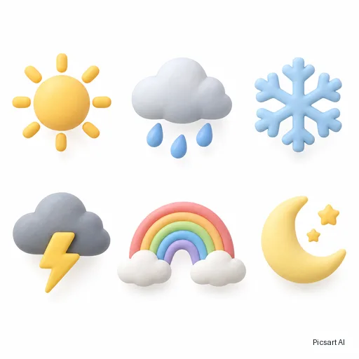 GPT Image 2.5 Sunburst: Weather icon set in a soft 3D clay style: sun, rain cloud, snowflake, lightning, rainbow, moon; pastel colours, white background, arranged in two rows