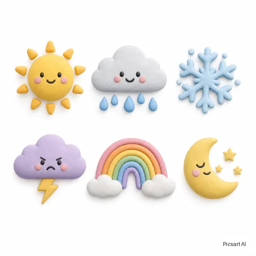 GPT Image 2: Weather icon set in a soft 3D clay style: sun, rain cloud, snowflake, lightning, rainbow, moon; pastel colours, white background, arranged in two rows