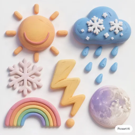 Hunyuan V3: Weather icon set in a soft 3D clay style: sun, rain cloud, snowflake, lightning, rainbow, moon; pastel colours, white background, arranged in two rows