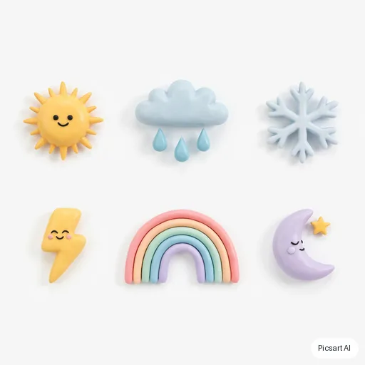 Ideogram 4.5: Weather icon set in a soft 3D clay style: sun, rain cloud, snowflake, lightning, rainbow, moon; pastel colours, white background, arranged in two rows