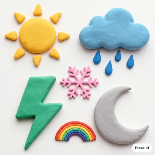 Kling 3.0 Image: Weather icon set in a soft 3D clay style: sun, rain cloud, snowflake, lightning, rainbow, moon; pastel colours, white background, arranged in two rows