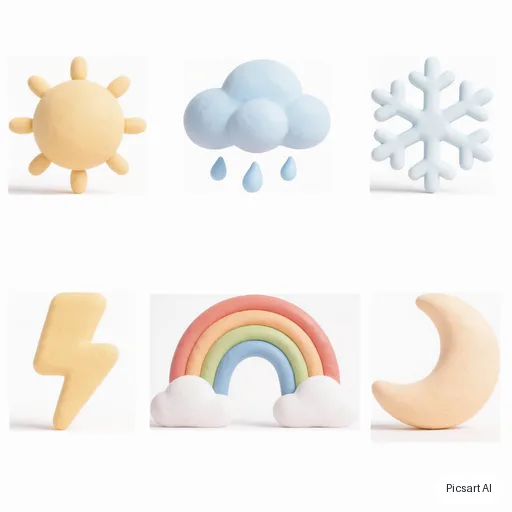 Luma UNI-1: Weather icon set in a soft 3D clay style: sun, rain cloud, snowflake, lightning, rainbow, moon; pastel colours, white background, arranged in two rows