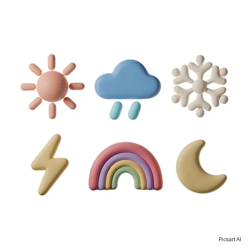 Recraft V4.1: Weather icon set in a soft 3D clay style: sun, rain cloud, snowflake, lightning, rainbow, moon; pastel colours, white background, arranged in two rows