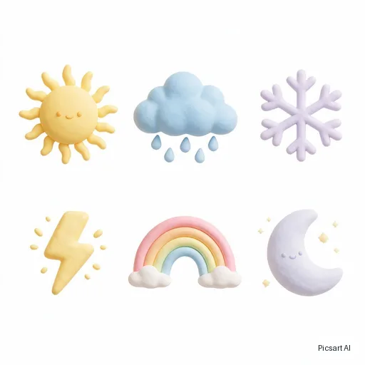 Seedream 5.0 Pro: Weather icon set in a soft 3D clay style: sun, rain cloud, snowflake, lightning, rainbow, moon; pastel colours, white background, arranged in two rows