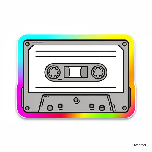 Flux 2 Pro: Holographic-looking sticker of a retro cassette tape with rainbow gradient edges, bold black outline, white background