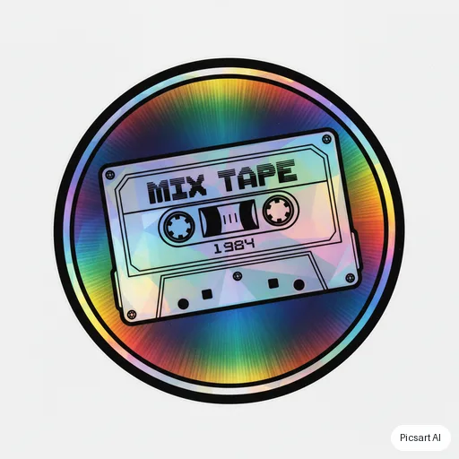 Nano Banana: Holographic-looking sticker of a retro cassette tape with rainbow gradient edges, bold black outline, white background